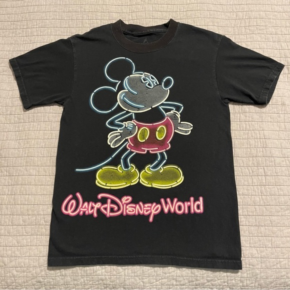 Mickey Mouse Walt Disney World Neon Size Small Short Sleeve Black Graphic Shirt - Picture 1 of 8